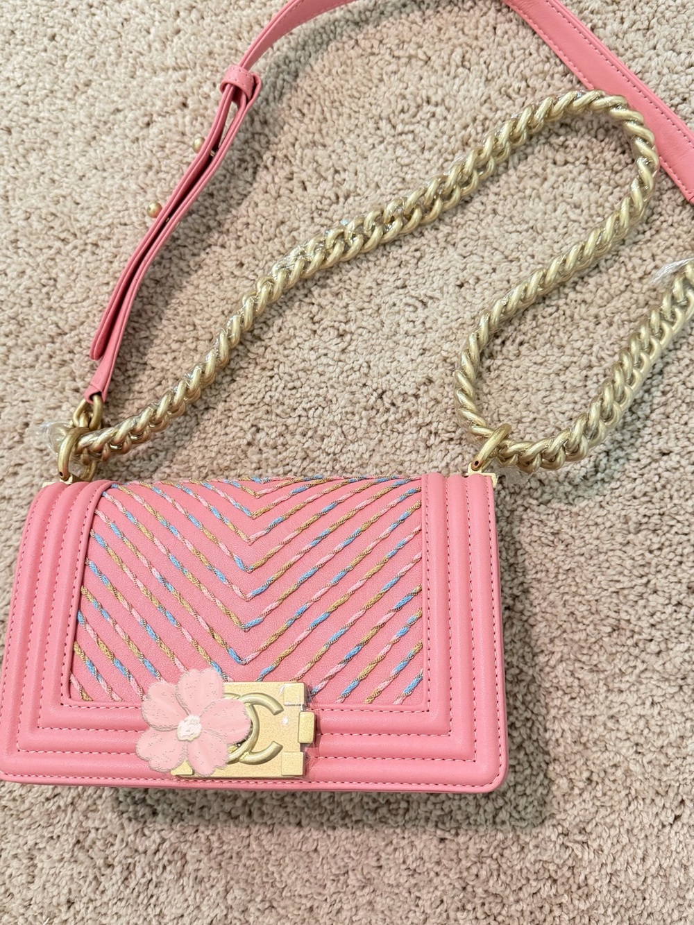 Leboy Style Pink Crossbody Bag with Gold Chain